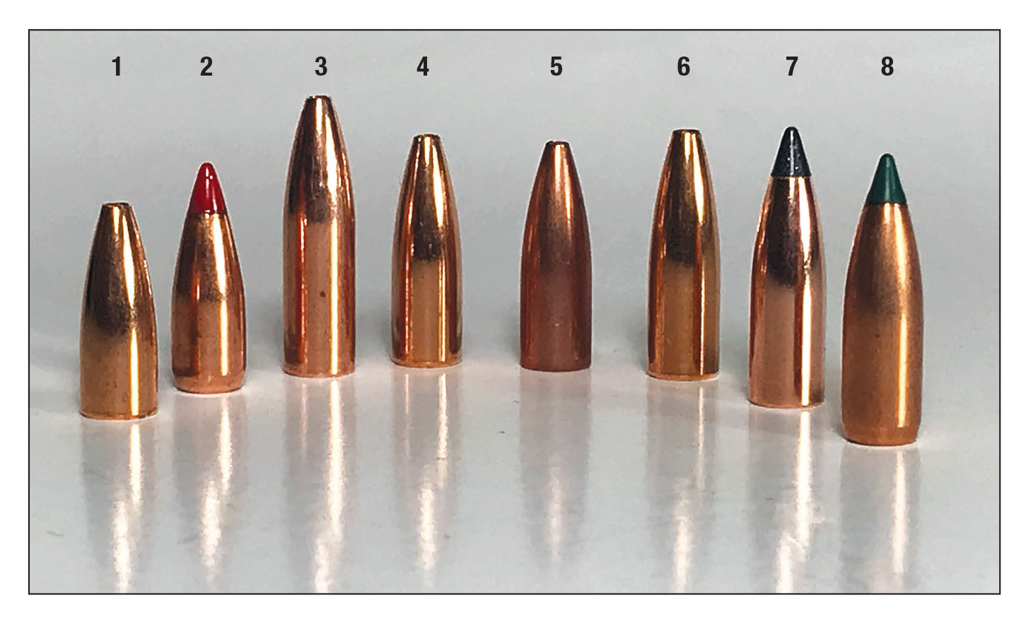 Suitable bullets include the (1) Berger 40-grain Flat Base Varmint, (2) Hornady 40 V-MAX, (3) Barnes 50 Varmint Grenade, (4) Berger 50 Flat Base Varmint, (5) Sierra 53 MatchKing, (6) Berger 55 Varmint, (7) Nosler 55 Tipped Varmageddon and the (8) Sierra 55-grain BlitzKing.